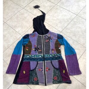 Karma Circle USA Hoodie Full Zip Sz XL Colorful Patchwork Embroidered Boho Artsy